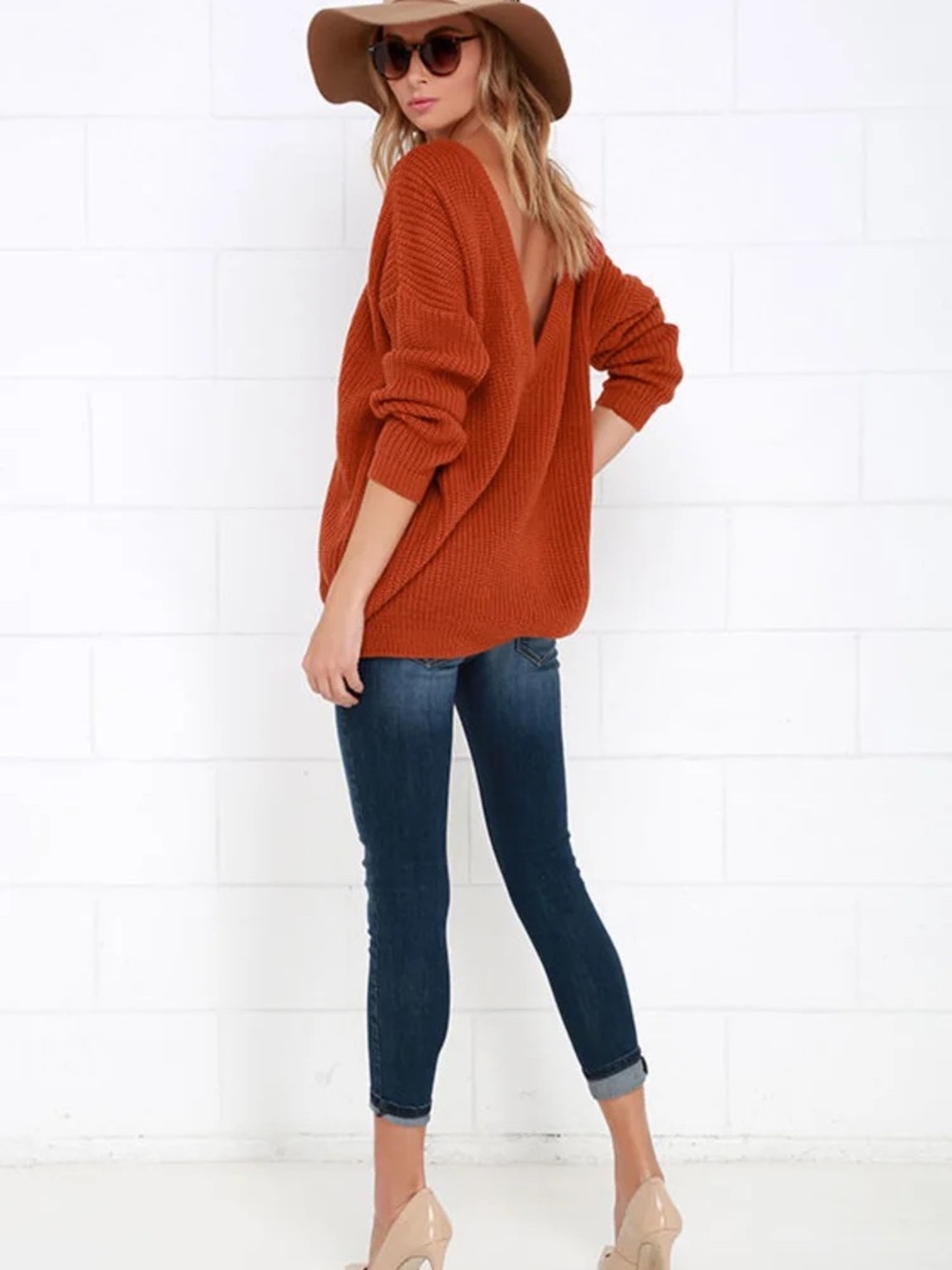 Lulu's Rust Deep V-Back Chunky Knit V-Neck Sweater Ballon Sleeves  Size M